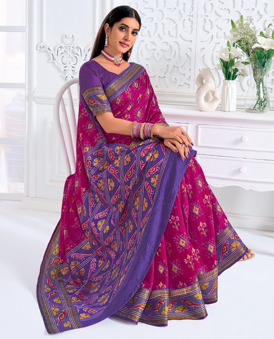 Pink Fancy Raw Silk Designer Catalog Saree, Prettified with Patola-Print, a Contrast Patola Border, Pallu of Patola Parrot Design, and a Contrast Blouse