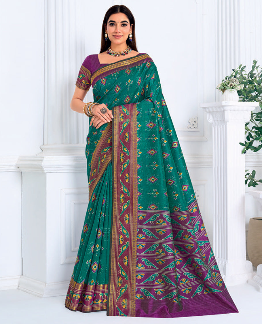 Green-Purple Fancy Raw Silk Designer Catalog Saree, Prettified with Patola-Print, a Contrast Patola Border, Pallu of Patola Parrot Design, and a Contrast Blouse
