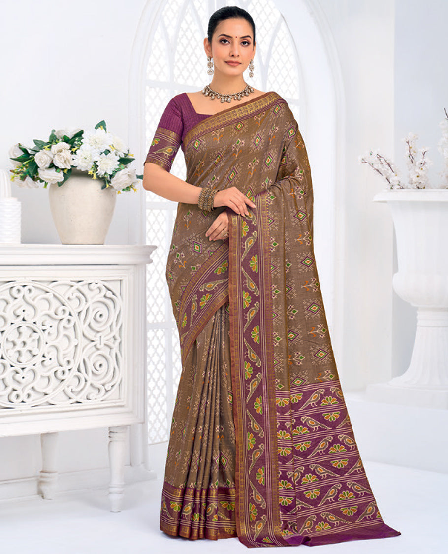 Brown Fancy Raw Silk Designer Catalog Saree, Prettified with Patola-Print, a Contrast Patola Border, Pallu of Patola Parrot Design, and a Contrast Blouse