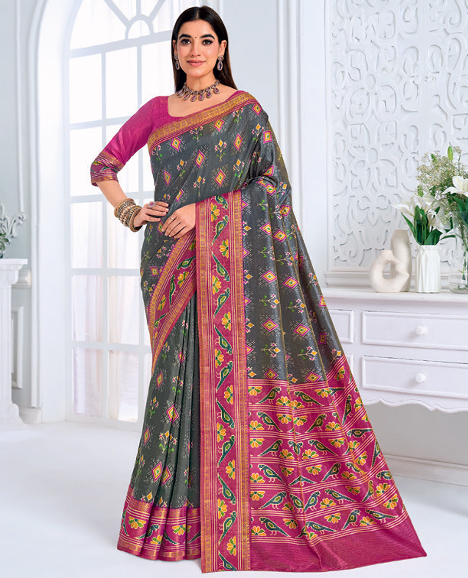 Grey Fancy Raw Silk Designer Catalog Saree, Prettified with Patola-Print, a Contrast Patola Border, Pallu of Patola Parrot Design, and a Contrast Blouse