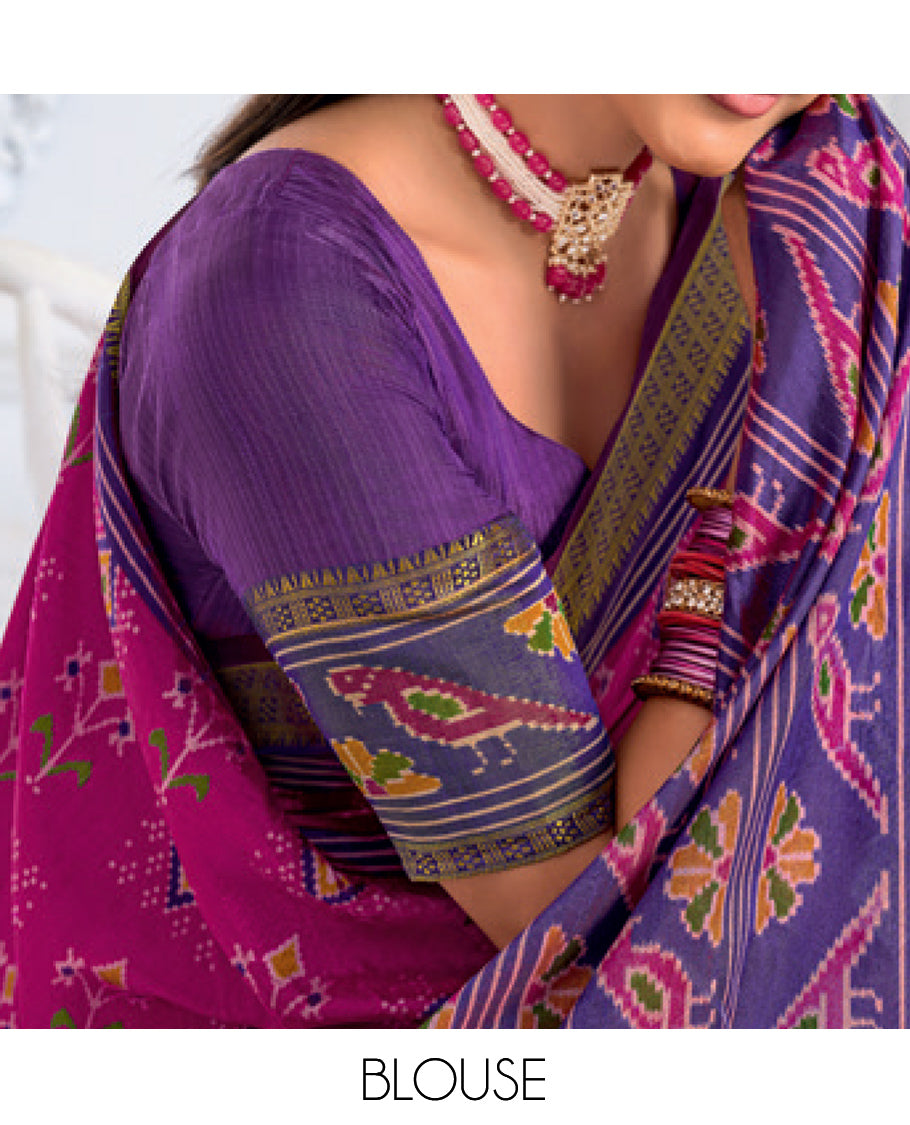 Pink Fancy Raw Silk Designer Catalog Saree, Prettified with Patola-Print, a Contrast Patola Border, Pallu of Patola Parrot Design, and a Contrast Blouse