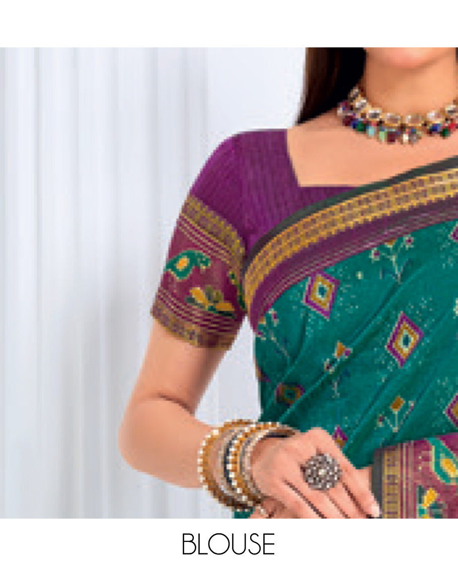 Green-Purple Fancy Raw Silk Designer Catalog Saree, Prettified with Patola-Print, a Contrast Patola Border, Pallu of Patola Parrot Design, and a Contrast Blouse