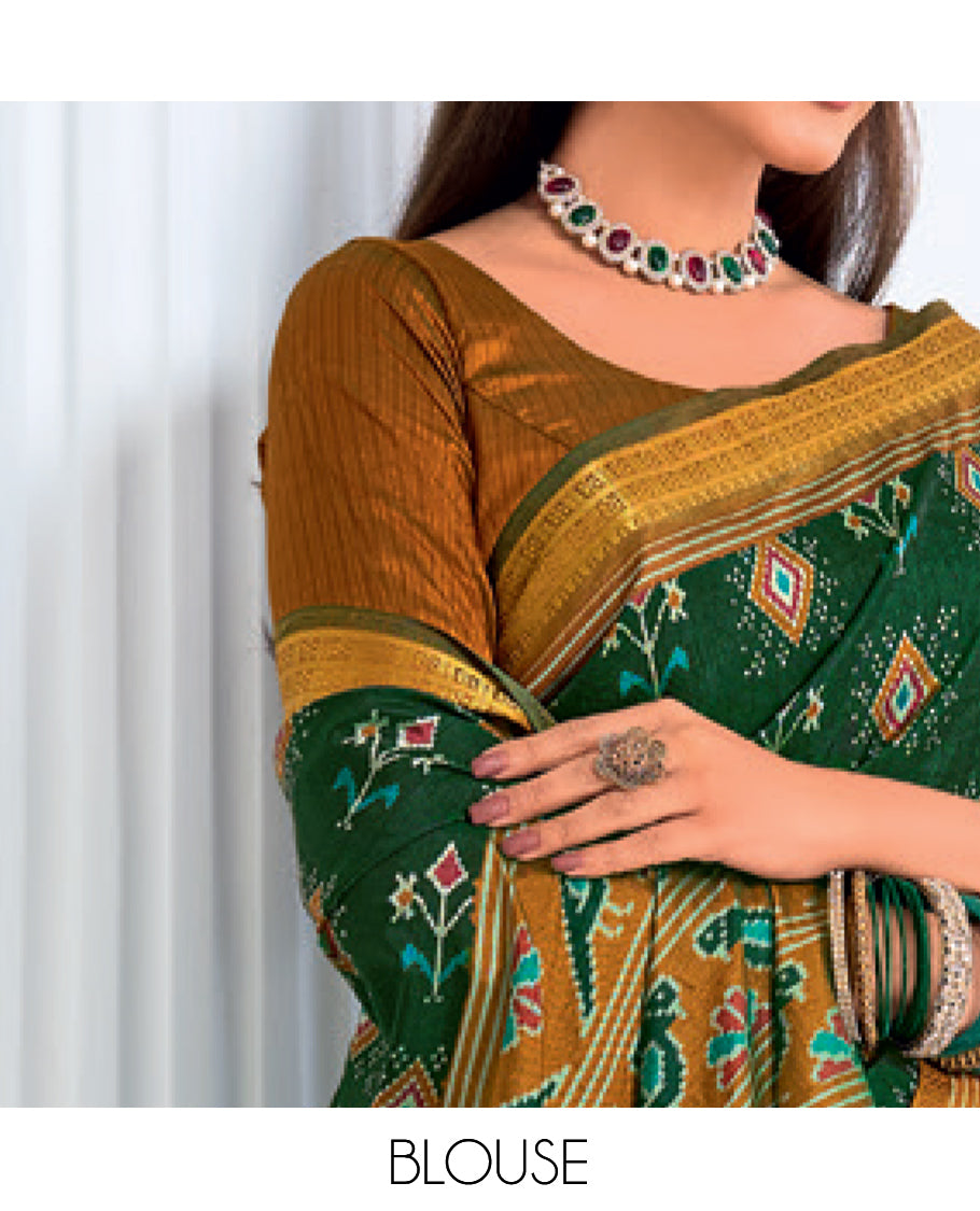 Dark Green Fancy Raw Silk Designer Catalog Saree, Prettified with Patola-Print, a Contrast Patola Border, Pallu of Patola Parrot Design, and a Contrast Blouse