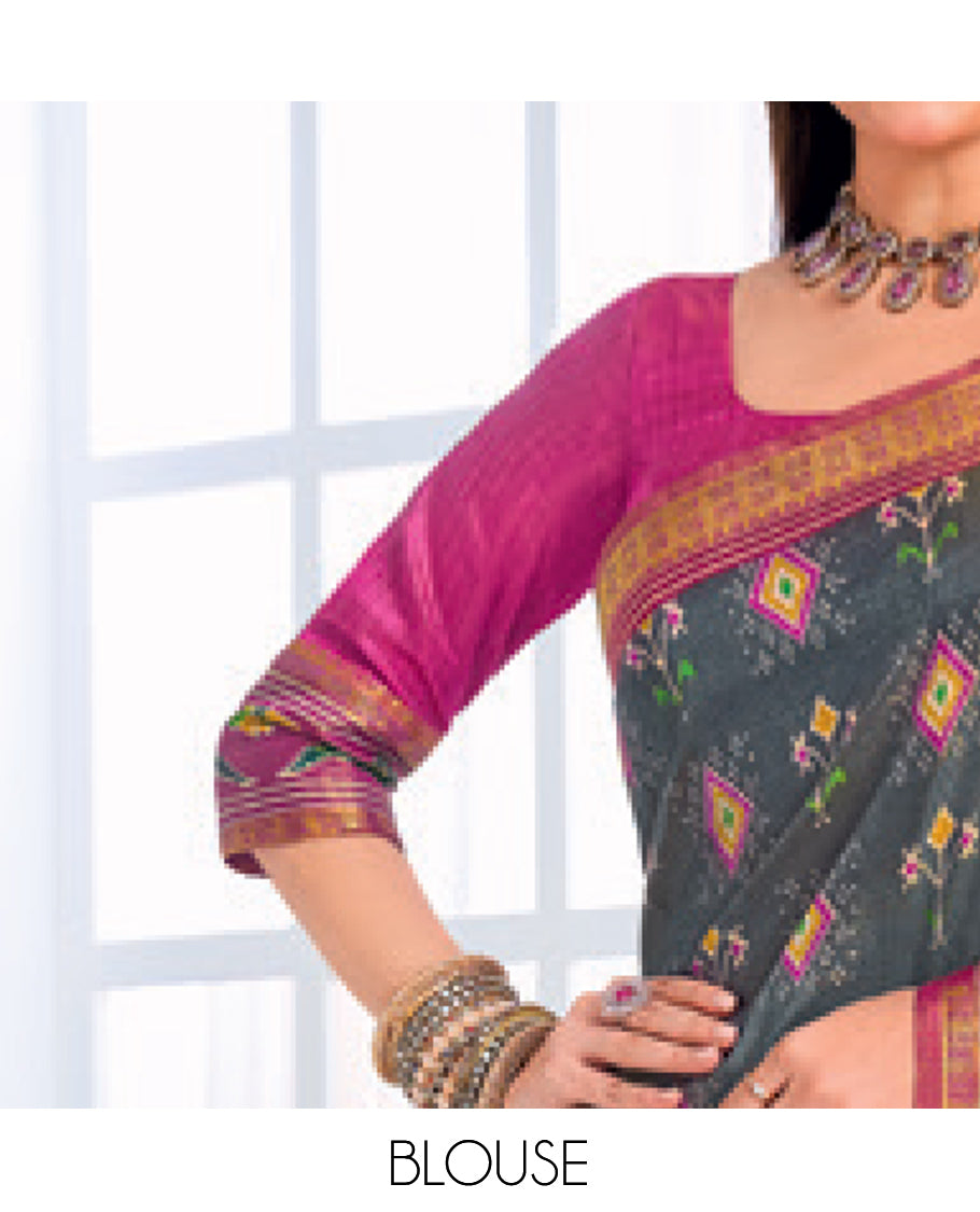 Grey Fancy Raw Silk Designer Catalog Saree, Prettified with Patola-Print, a Contrast Patola Border, Pallu of Patola Parrot Design, and a Contrast Blouse