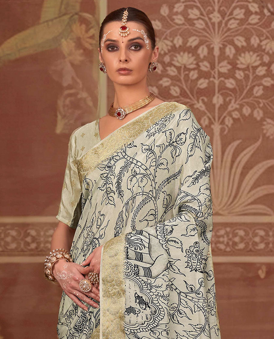 Beige kalamkari printed designer saree, zari border, and contrast kalamkari floral-peacock printed pallu
