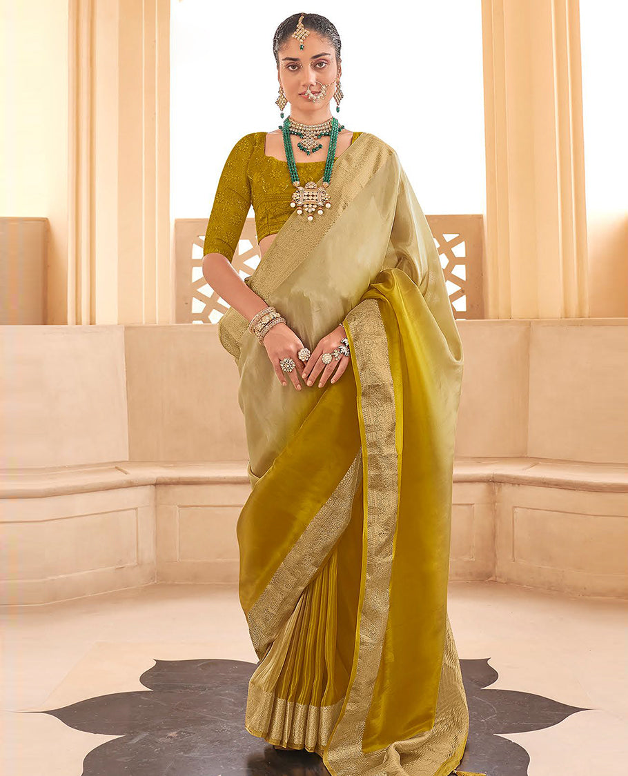 Mustard catalouge designer saree with self zari design border & striped pallu