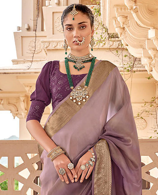 Violet catalouge designer saree with self zari design border & striped pallu