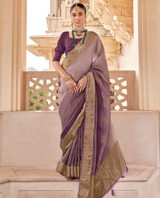 Violet catalouge designer saree with self zari design border & striped pallu