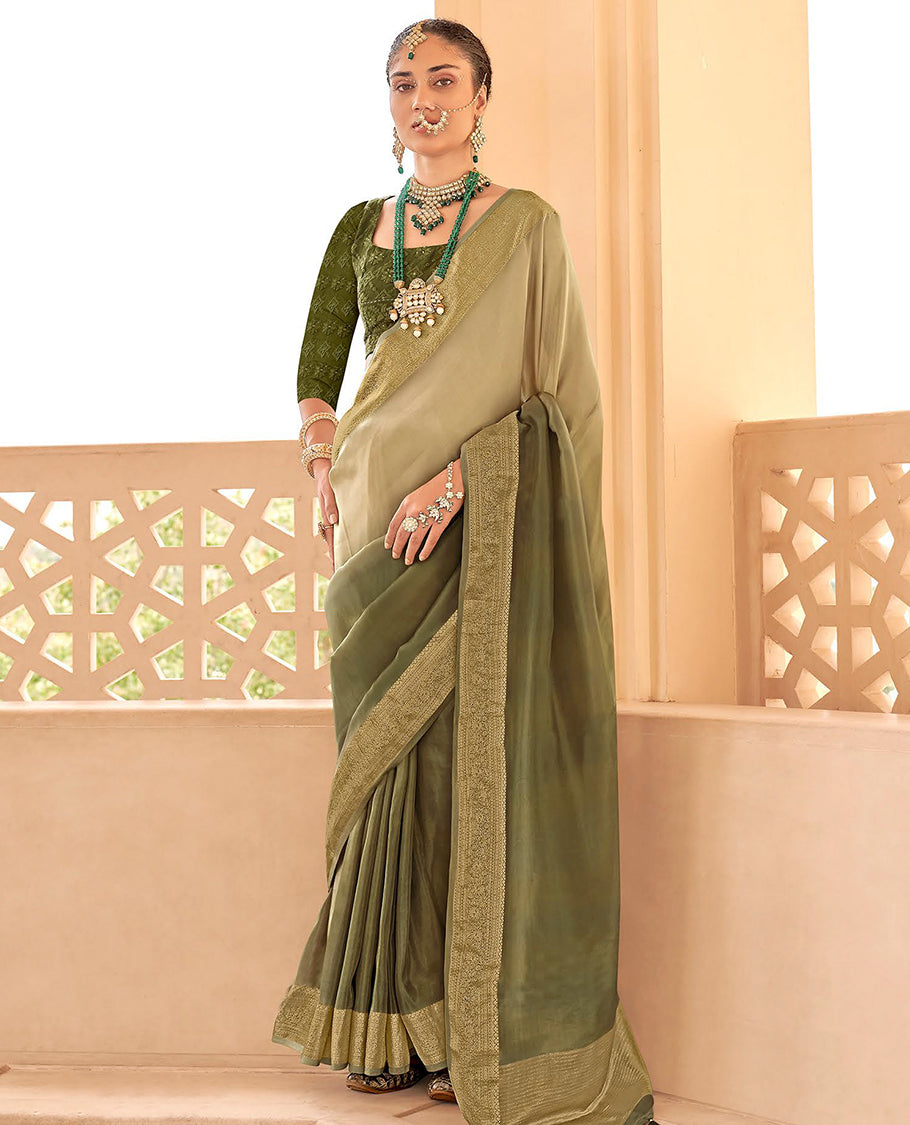 Green catalouge designer saree with self zari design border & striped pallu