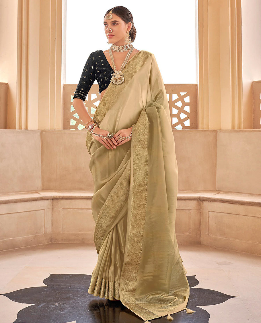Pale brown catalouge designer saree with self zari design border & striped pallu