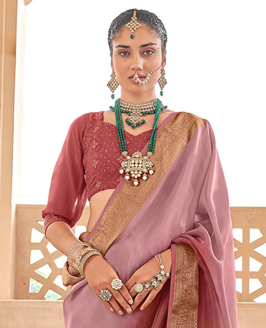 Pink catalouge designer saree with self zari design border & striped pallu