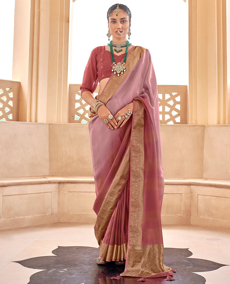 Pink catalouge designer saree with self zari design border & striped pallu