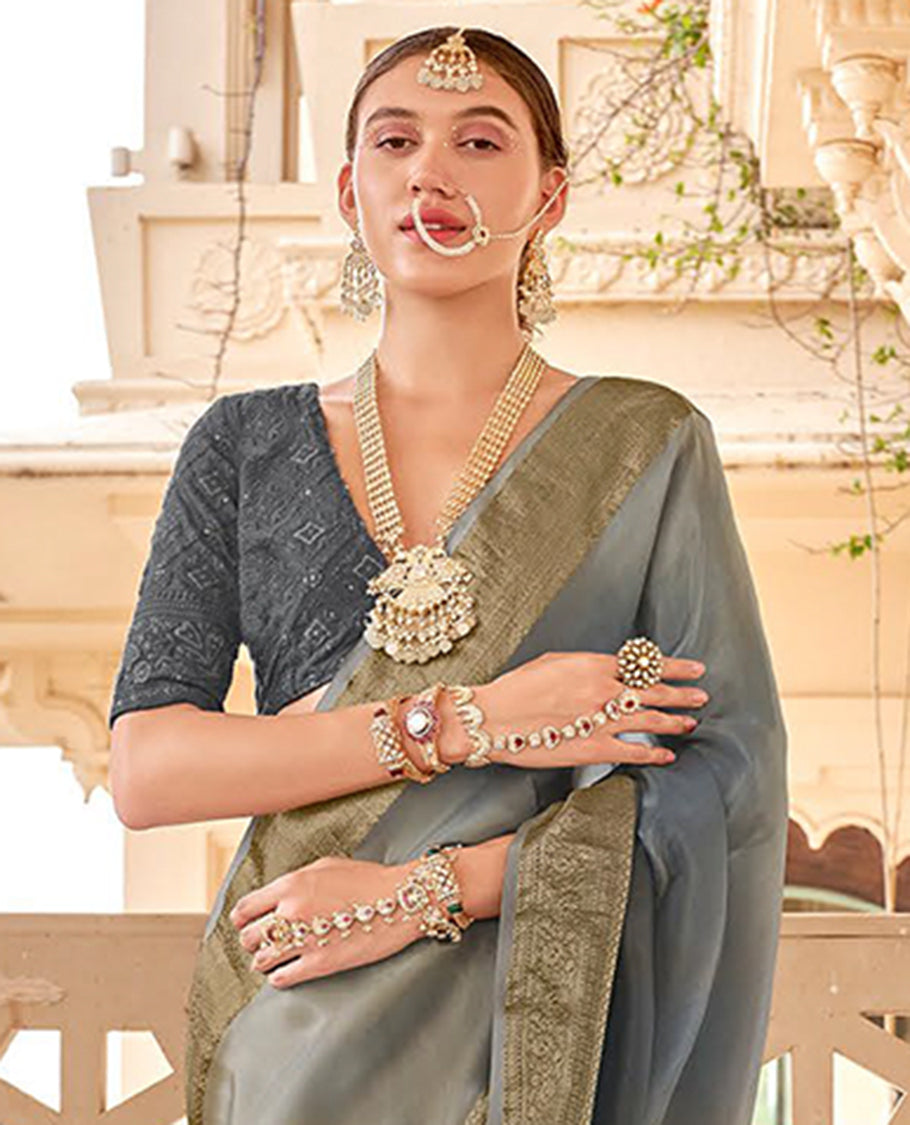 Grey catalouge designer saree with self zari design border & striped pallu