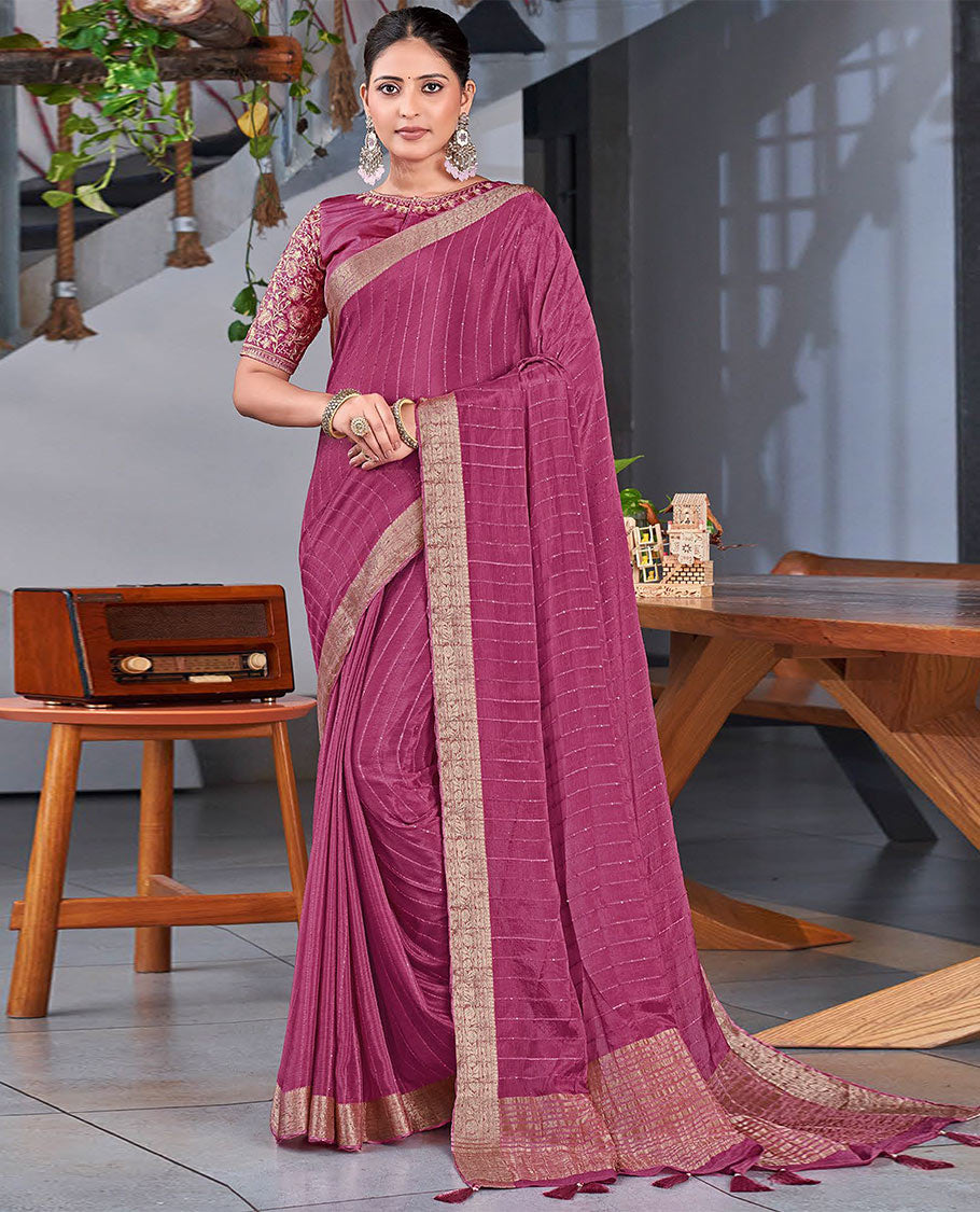 Purple striped sequins embroidery catalouge designer saree with self floral zari design border & striped pallu