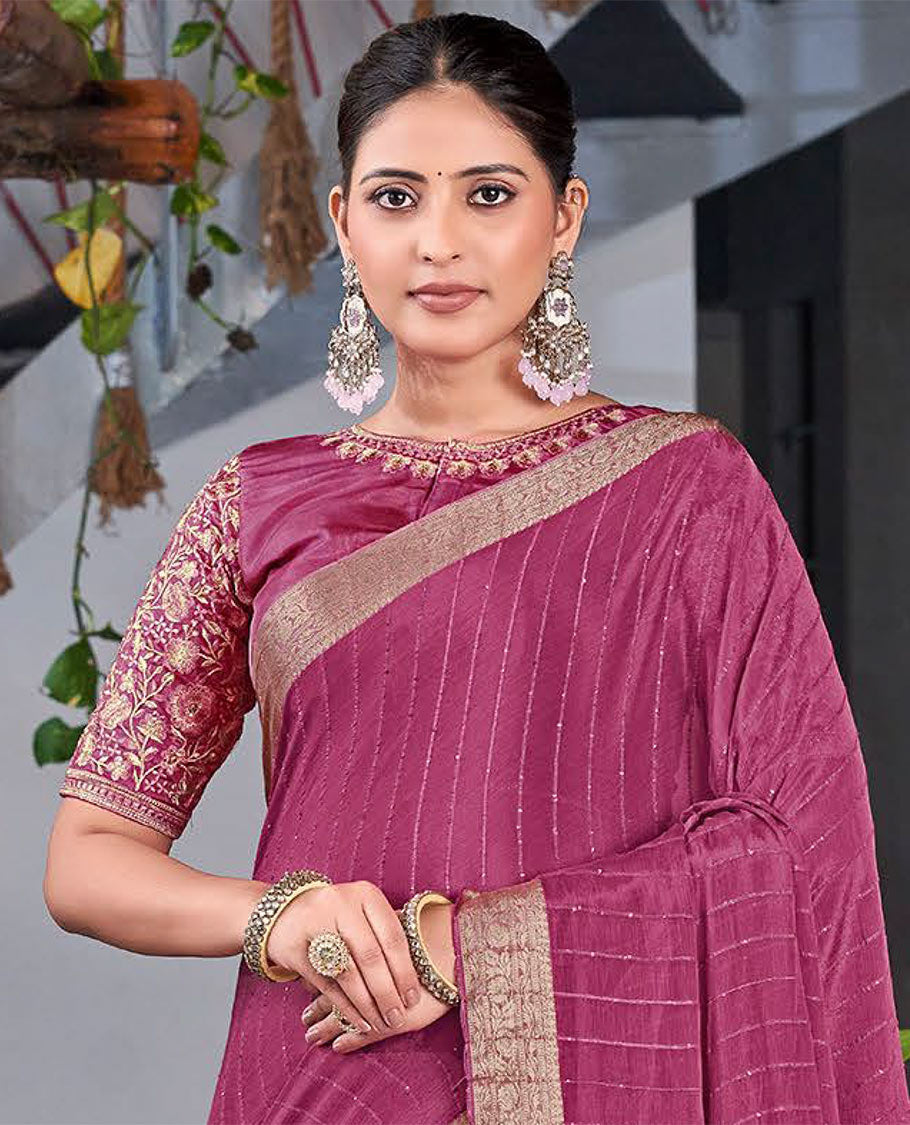 Purple striped sequins embroidery catalouge designer saree with self floral zari design border & striped pallu