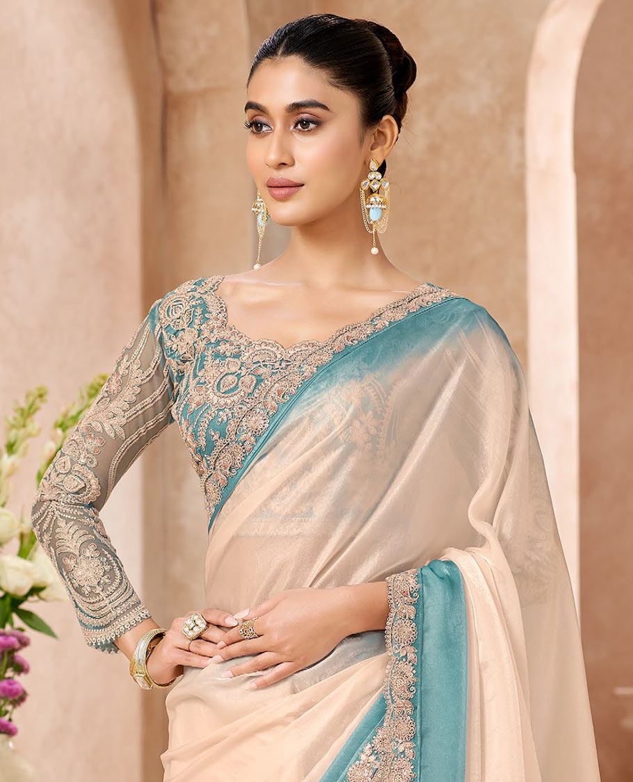 Light Sandal Designer Saree Featuring Ombre-Color Dyed All Over the Saree, Elegantly Highlighted with Embroidered Border, and Comes with a Contrast Intricately Embroidered Blouse
