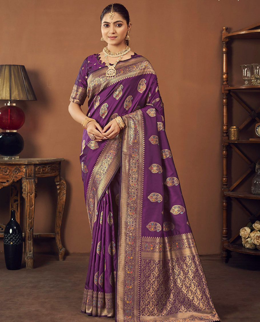 Purple Banaras Designer Catalog Saree, Accentuated with Paisley Meena Buttas, Highlighted by a Traditional Meenakari Border, Grand Pallu, and a Matching Blouse