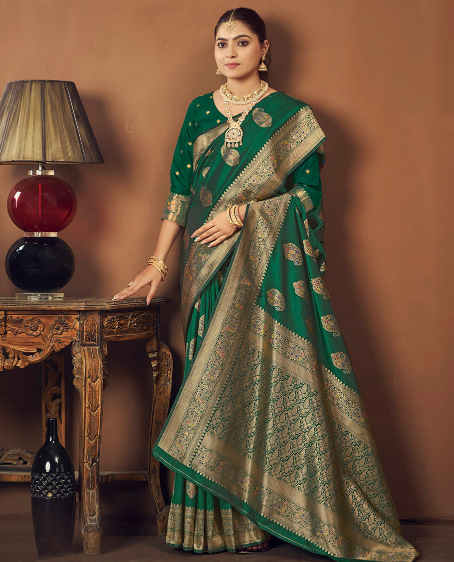 Green Banaras Designer Catalog Saree, Embellished with Paisley Meena Buttas, Highlighted by a Traditional Meenakari Border, Grand Pallu, and a Matching Blouse