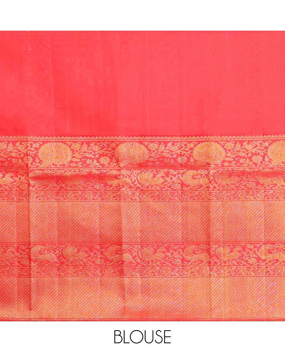 Green striped, floral design kancheepuram silk saree with contrast thilakam mokku, banaras, mayil design & zari design pallu