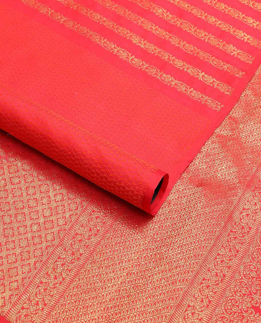 Borderless red geometric design kancheepuram silk saree with intricate floral zari design pallu