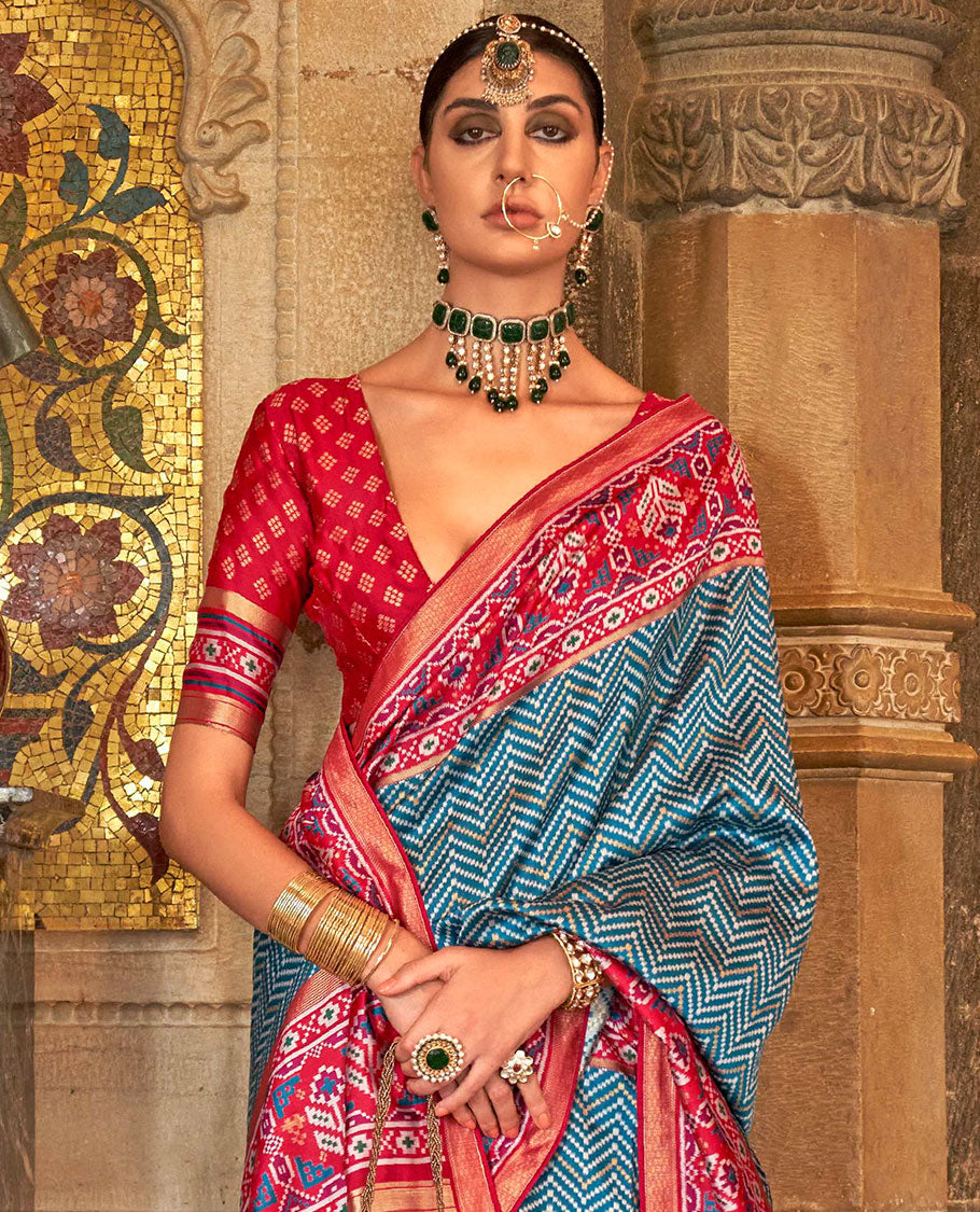 Blue chevron stripes designer catalog saree, contrast patola design border, and patola printed pallu