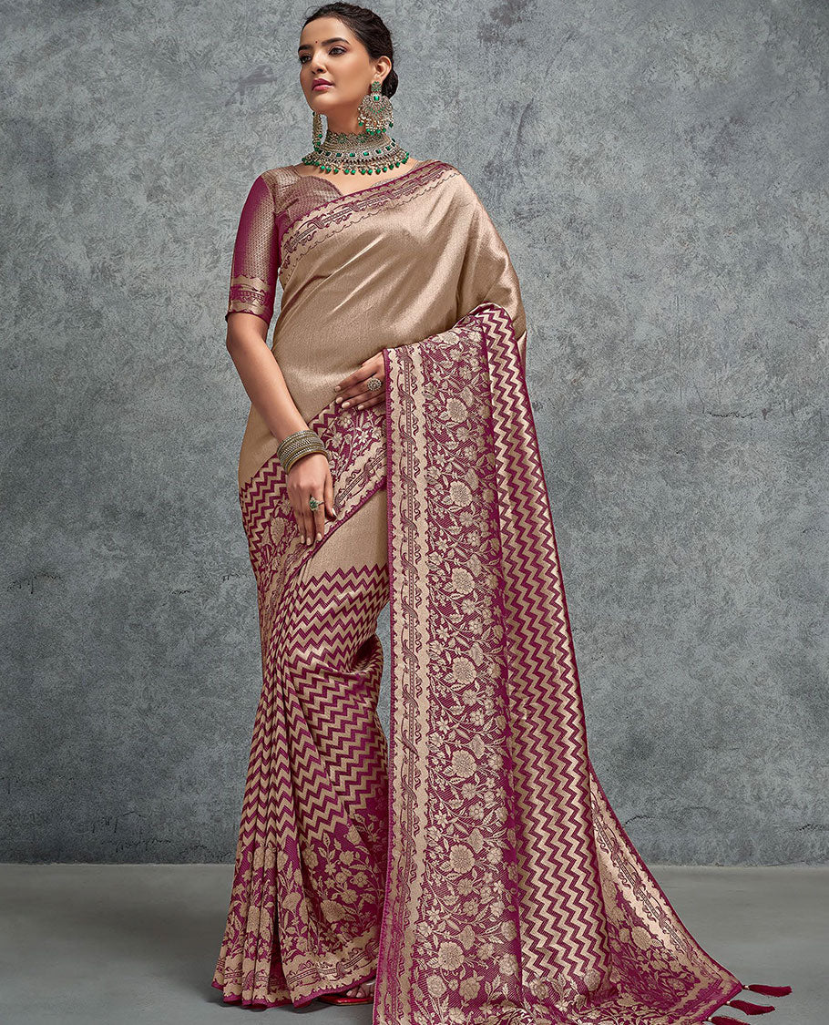 Beige plain with chevron and floral vine half-and-half designer saree, zari border of chevron and floral vine designs