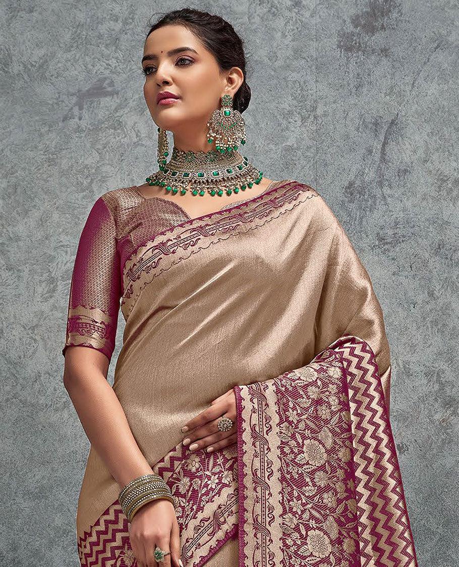 Beige plain with chevron and floral vine half-and-half designer saree, zari border of chevron and floral vine designs