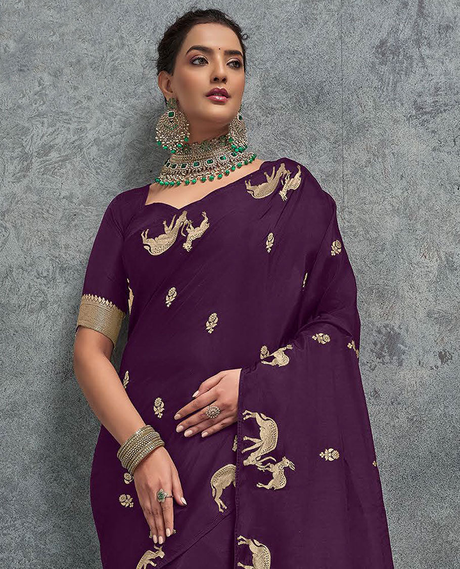 Borderless purple floral buttas and deer motifs designer saree, intricately designed pallu