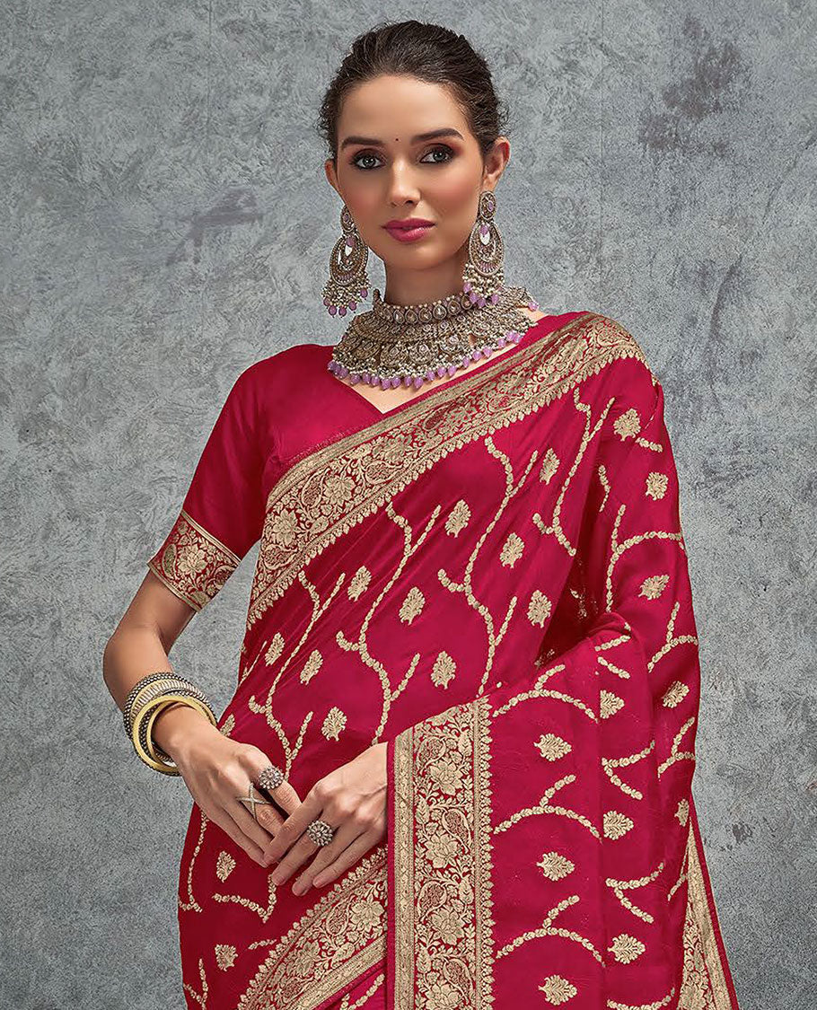 Red jacquard designer saree, floral creeper border, and intricate pallu