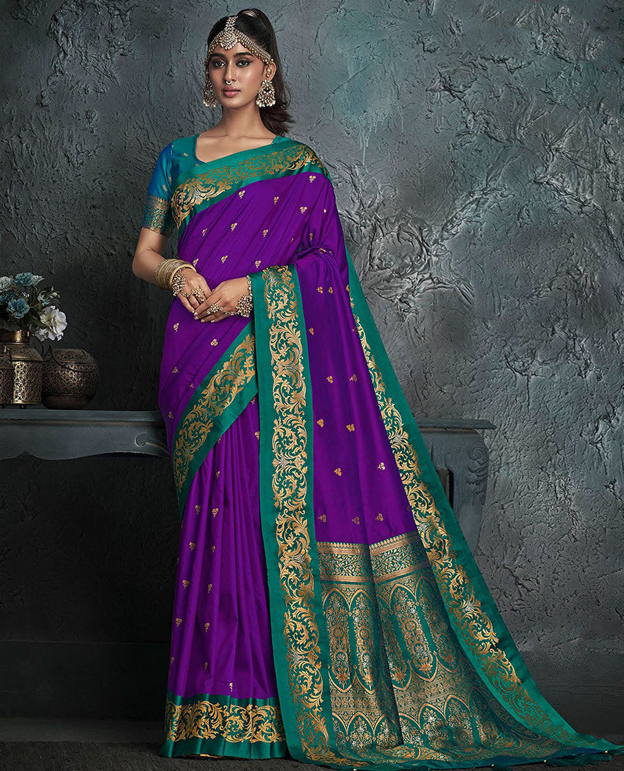Violet Designer Saree, Bedecked with Buttas on Its Body, Complemented by a Contrast Border of Floral Designs, Pallu of Mughal-Style Intricate Zari Designs, and Paired with a Contrast Blouse