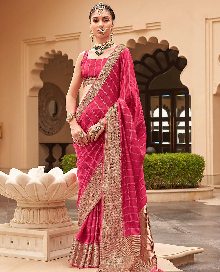 Red striped catalouge designer saree with self zari design border & checked pallu