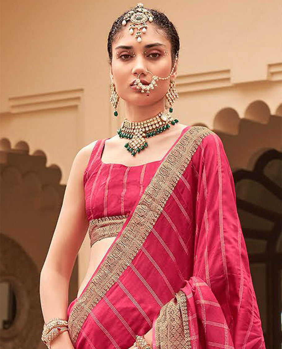 Red striped catalouge designer saree with self zari design border & checked pallu