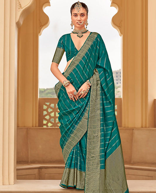 Sea Blue striped catalouge designer saree with self zari design border & checked pallu