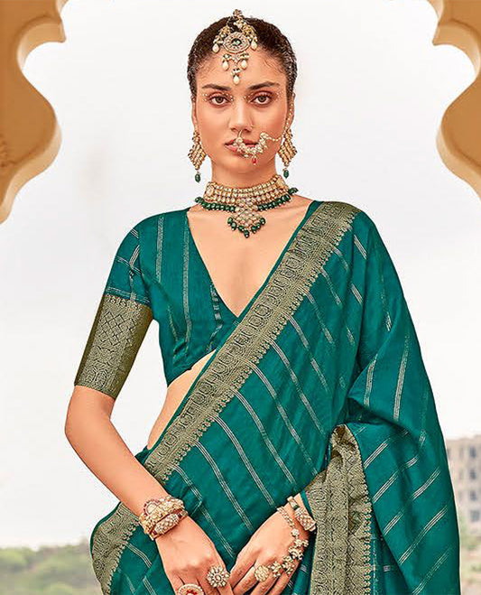 Sea Blue striped catalouge designer saree with self zari design border & checked pallu