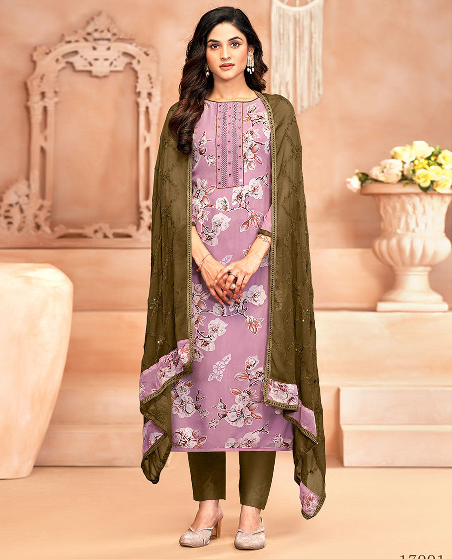 Purple material chudidar set, floral print and neck work top, contrast plain bottom, and jaal embroidered dupatta