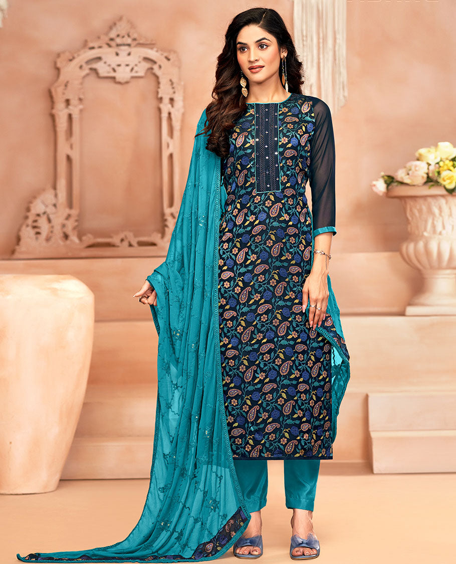 Blue material chudidar set, paisley vine print and neck work top, contrast plain bottom, and jaal embroidered dupatta