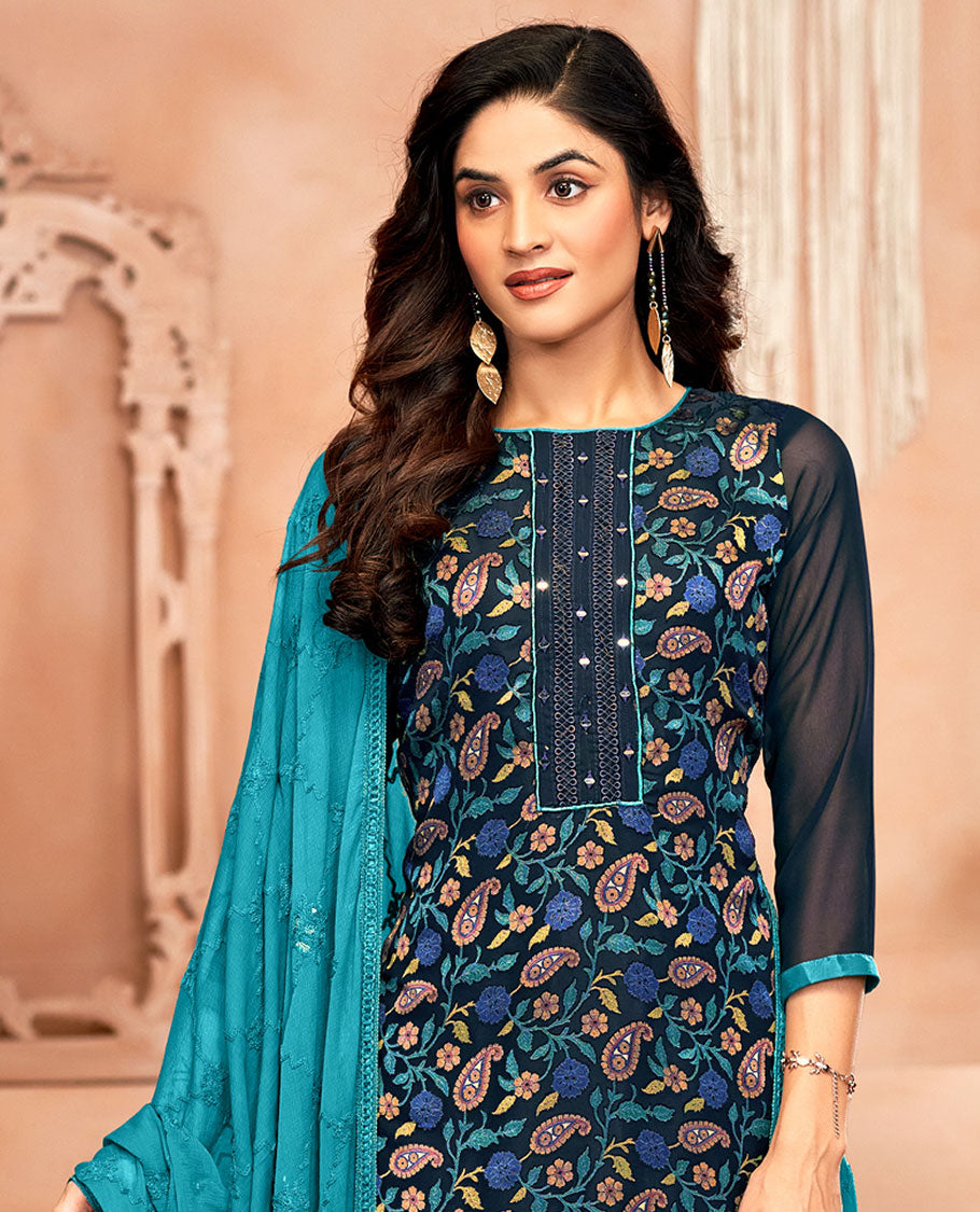 Blue material chudidar set, paisley vine print and neck work top, contrast plain bottom, and jaal embroidered dupatta