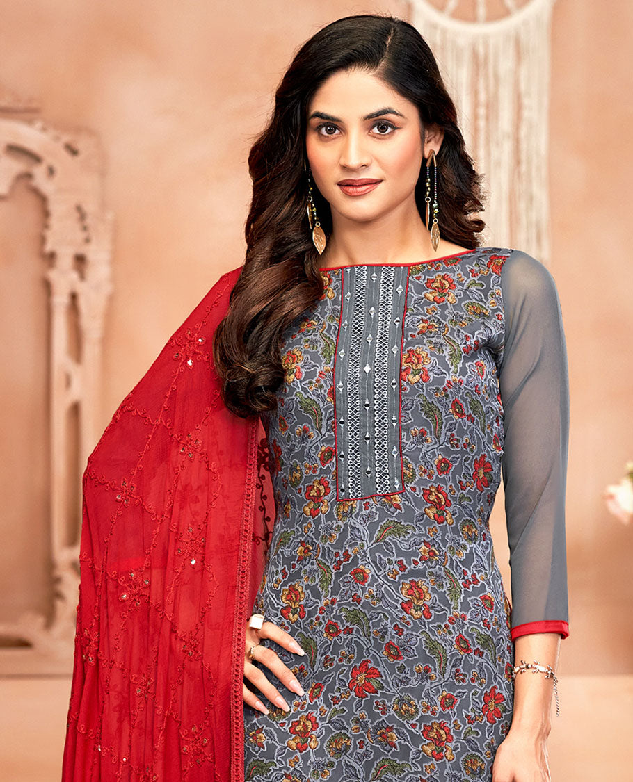 Grey material chudidar set, floral vine print and neck work top, contrast plain bottom, and jaal embroidered dupatta