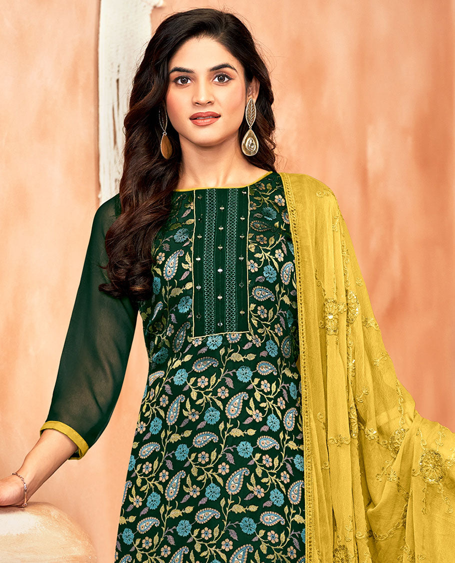 Green material chudidar set, paisley vine print and neck work top, contrast plain bottom, and jaal embroidered dupatta