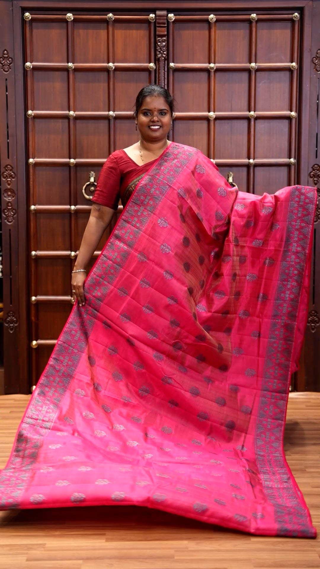 Pink Semi-Tussar Saree Subtly Woven With Floral Zari Buttas, Featuring a Geometric-Patterned Zari Border, Adorned With a Butta-Enclosed Checked Pallu, and a Matching Blouse