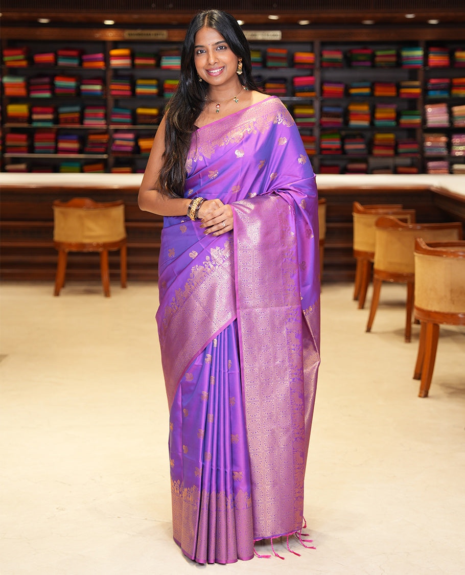Purple Soft Silk Saree, Accentuated with Horse-Peacock Buttas, a Zari Border, Jaal Pallu, and a Matching Blouse