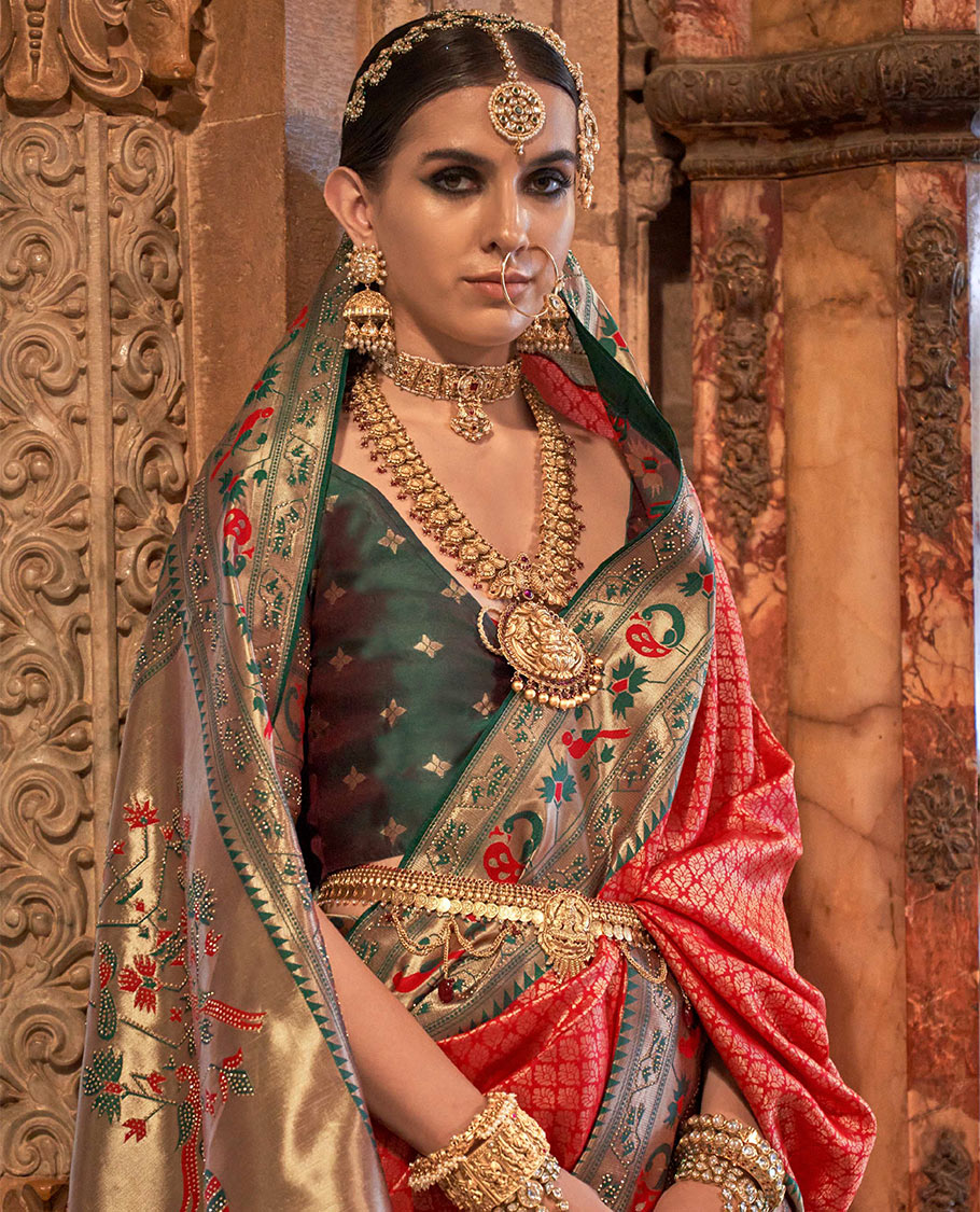 Red jacquard designer catalog saree, contrast paithani temple and peacock motifs border, and pallu of paithani designs