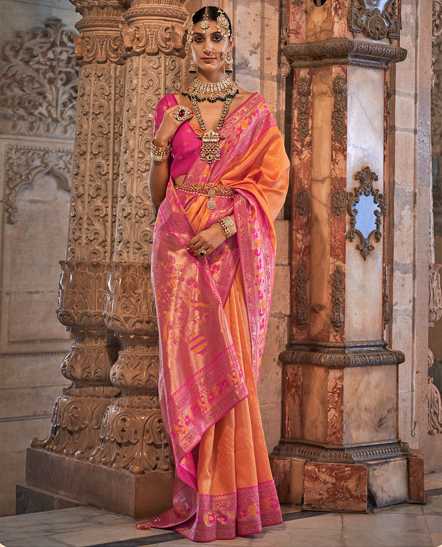 Orange jacquard designer catalog saree, contrast paithani temple and peacock motifs border, and pallu of paithani designs