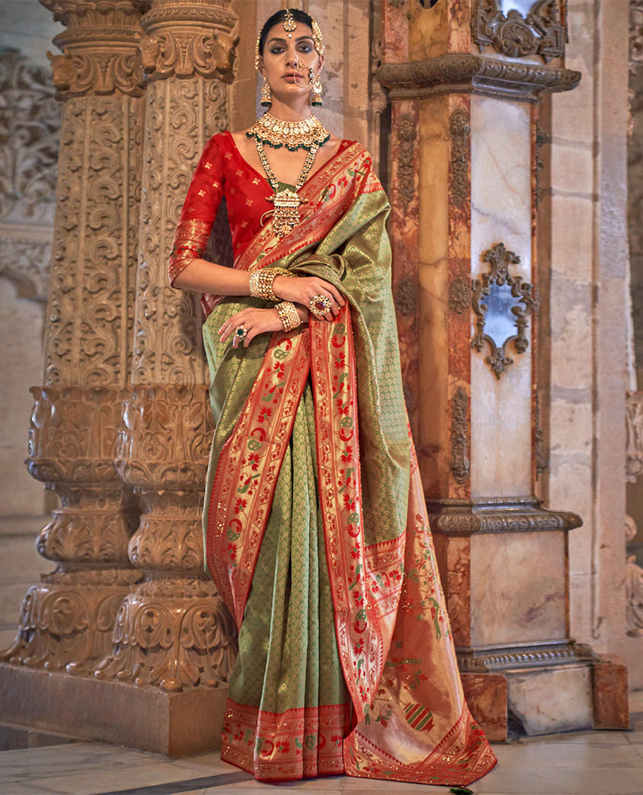 Light green jacquard designer catalog saree, contrast paithani temple and peacock motifs border, and pallu of paithani designs