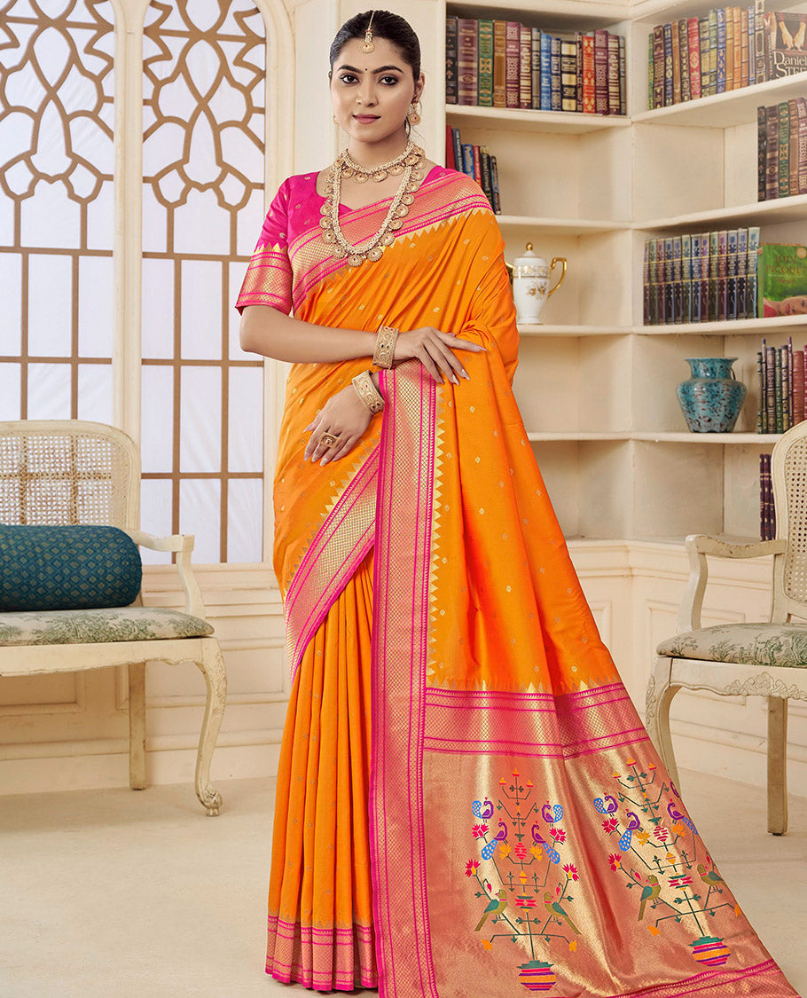 Orange Semi Silk Paithani Designer Catalog Saree, Adorned with Zari Buttas, Complemented by a Contrast Traditional Zari Border, Paithani-Style Woven Pallu, and a Contrast Blouse