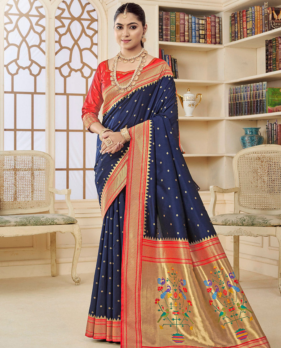 Blue Semi Silk Paithani Designer Catalog Saree, Graced with Zari Buttas, Complemented by a Contrast Traditional Zari Border, Paithani-Style Woven Pallu, and a Contrast Blouse