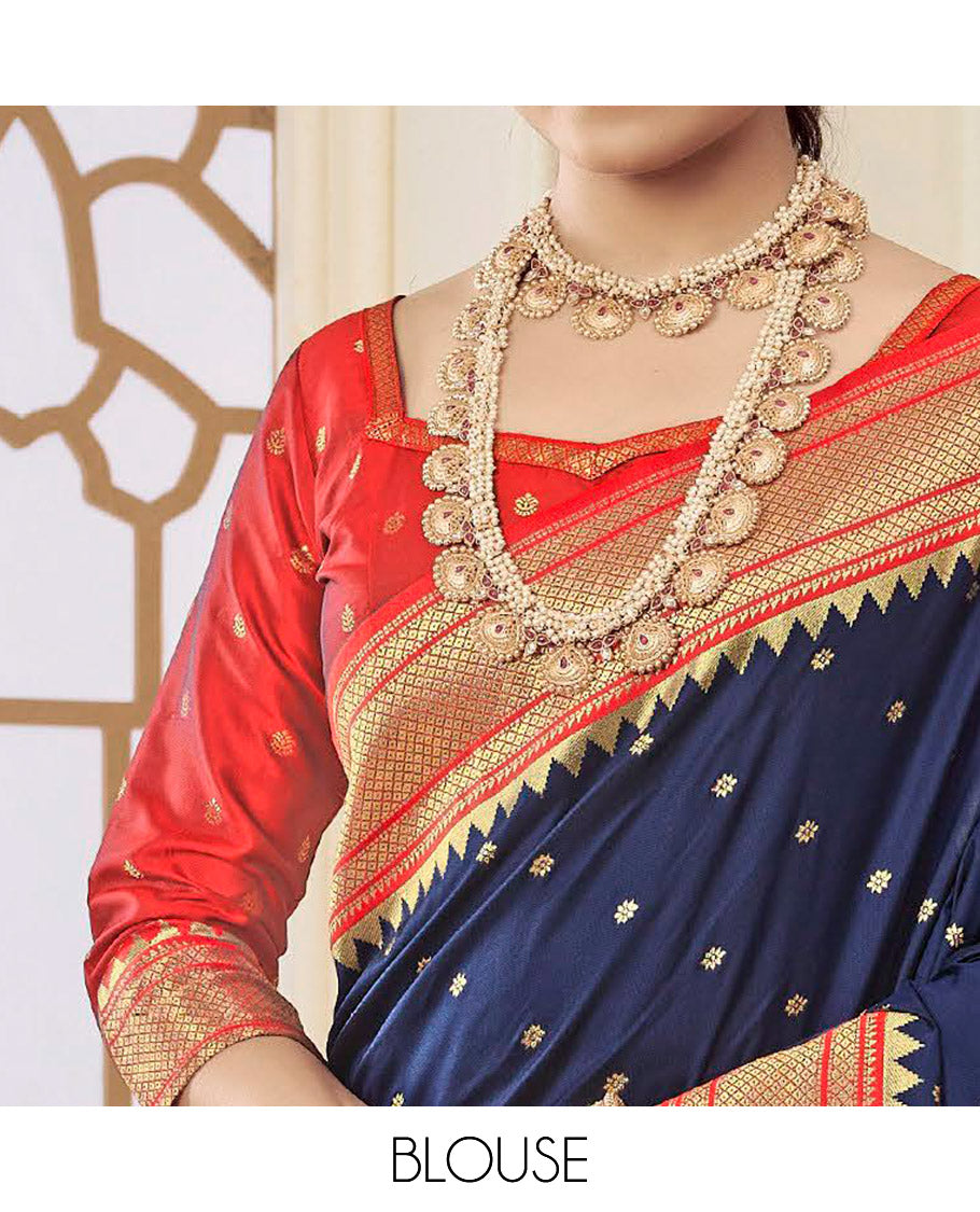 Blue Semi Silk Paithani Designer Catalog Saree, Graced with Zari Buttas, Complemented by a Contrast Traditional Zari Border, Paithani-Style Woven Pallu, and a Contrast Blouse