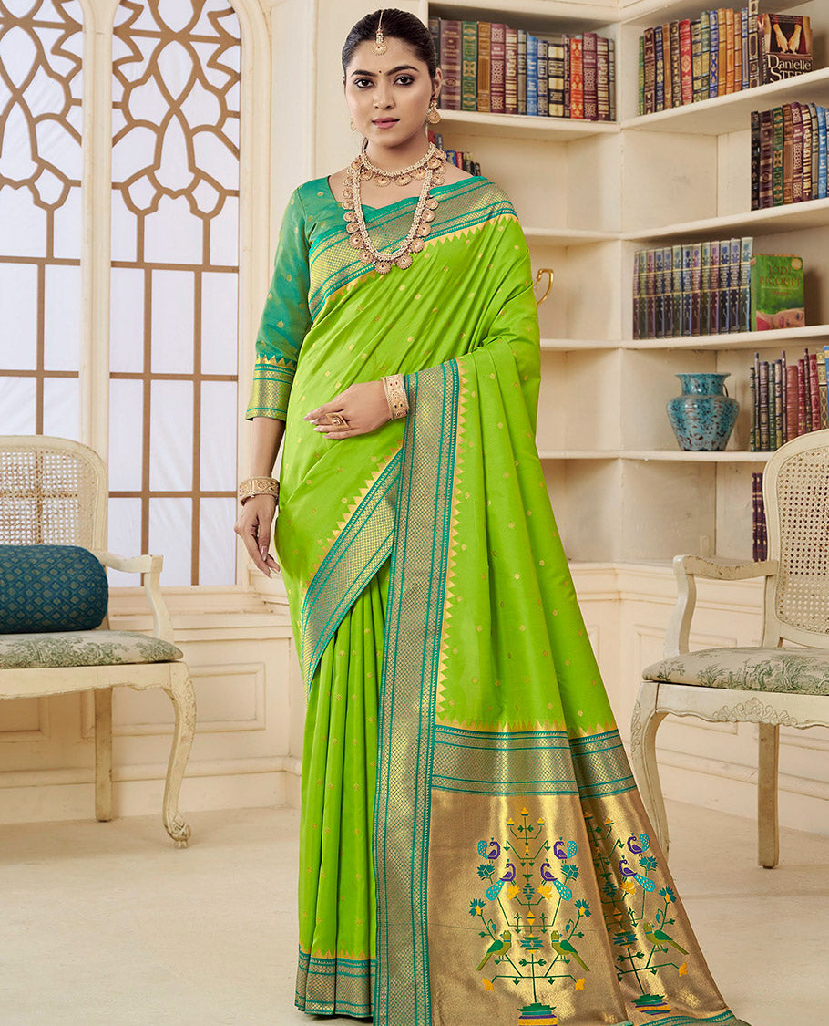 Green Semi Silk Paithani Designer Catalog Saree, Elevated with Zari Buttas, Complemented by a Contrast Traditional Zari Border, Paithani-Style Woven Pallu, and a Contrast Blouse