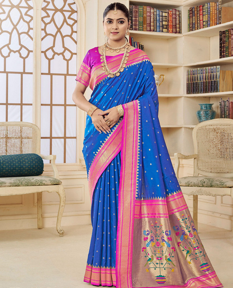 Royal Blue Semi Silk Paithani Designer Catalog Saree, Embellished with Zari Buttas, Complemented by a Contrast Traditional Zari Border, Paithani-Style Woven Pallu, and a Contrast Blouse