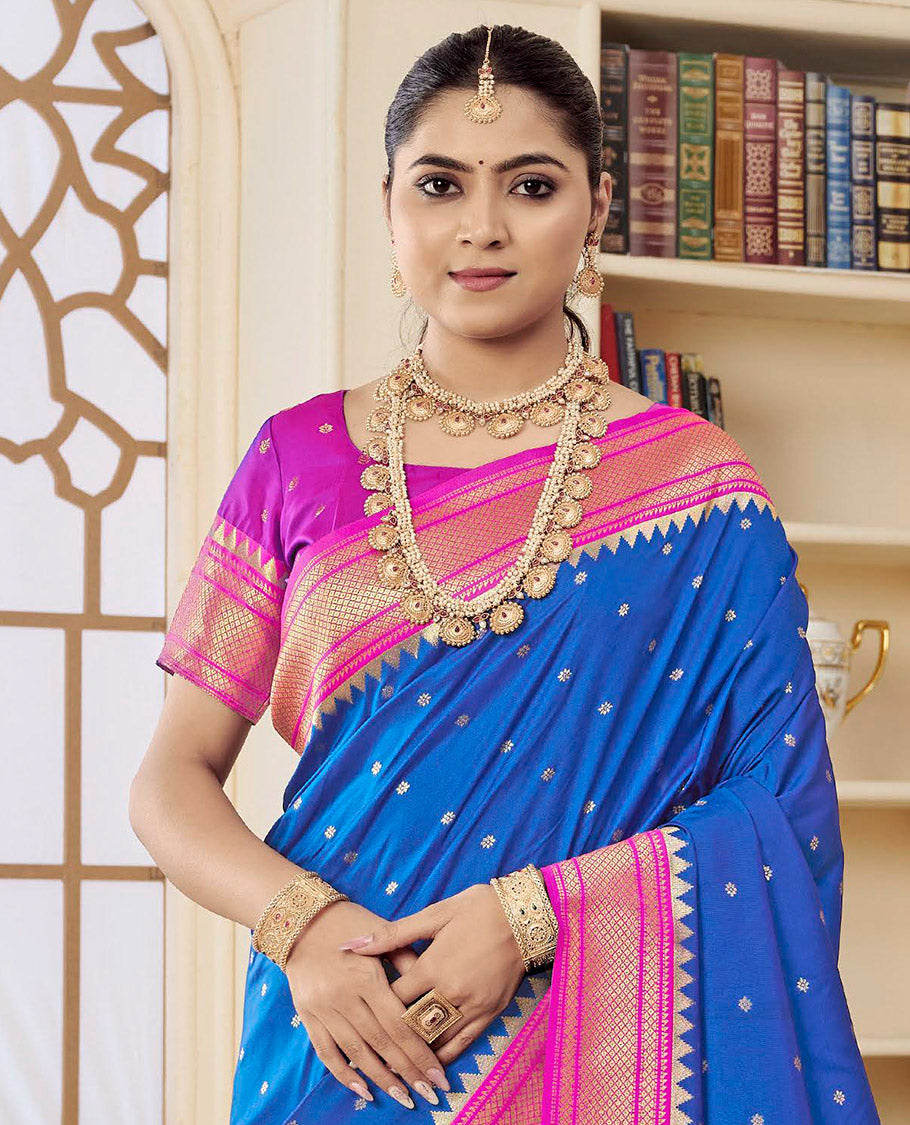 Royal Blue Semi Silk Paithani Designer Catalog Saree, Embellished with Zari Buttas, Complemented by a Contrast Traditional Zari Border, Paithani-Style Woven Pallu, and a Contrast Blouse